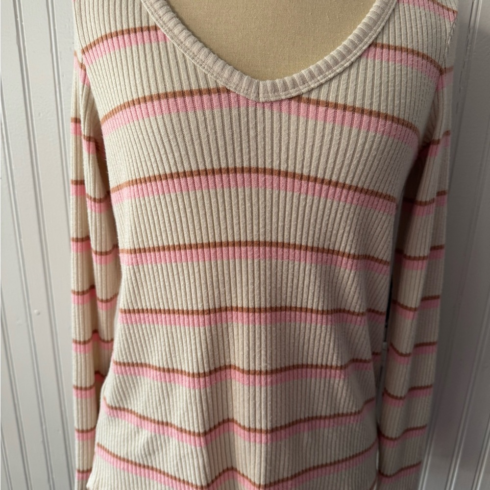 American Eagle Outfitters Cream V-Neck Sweater with Pink and Brown Stripes